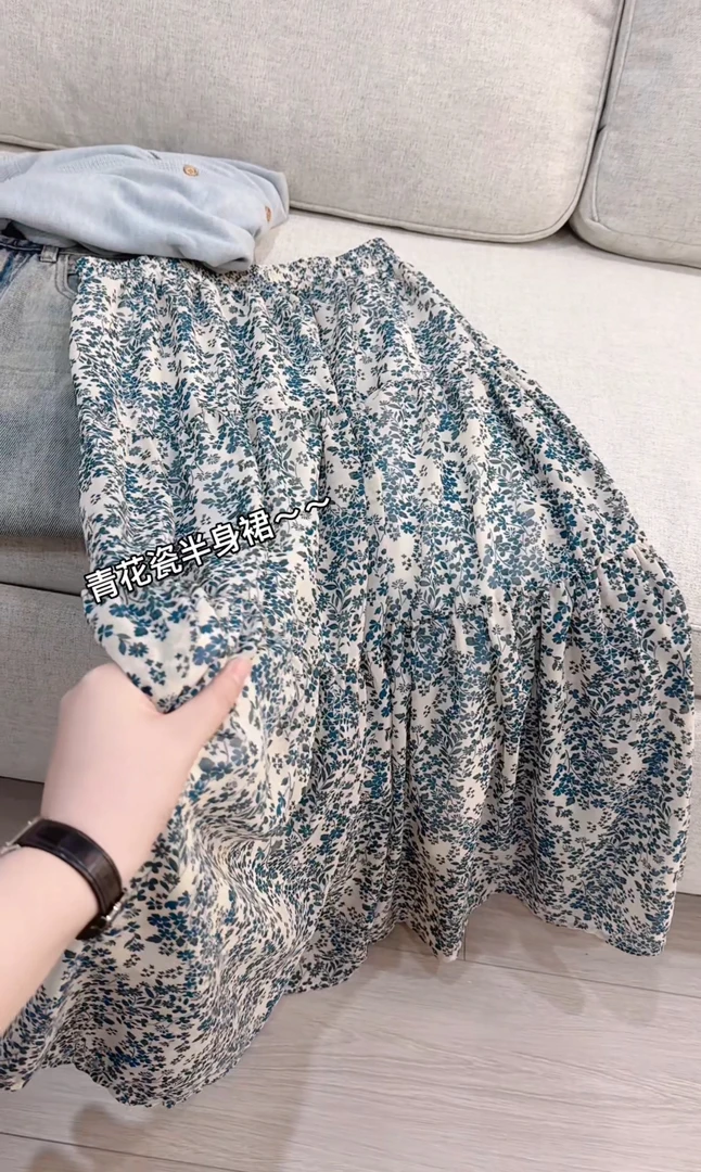 米蓝家名殿！巨好看～青花瓷雪纺碎花裙半身裙长裙5002