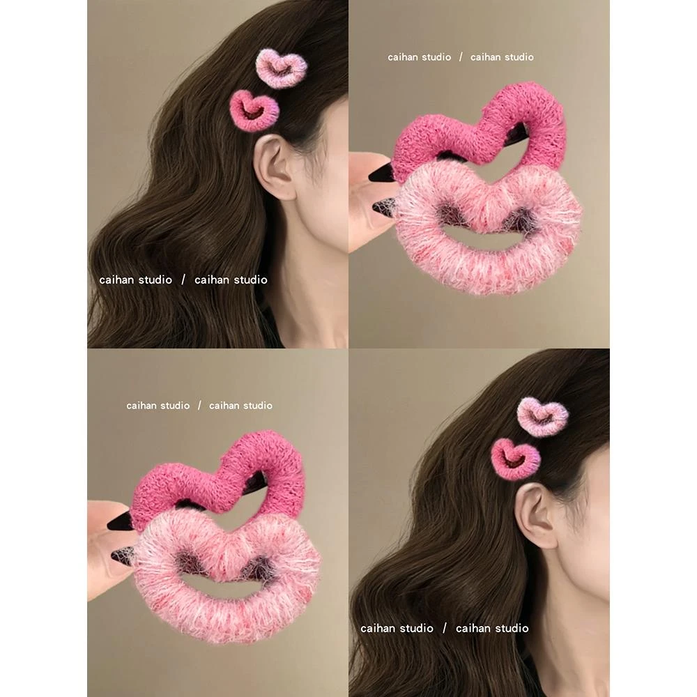 蜜桃爱恋~毛线爱心发夹覆古秋冬2025新款缠绕刘海碎发夹旅行发饰