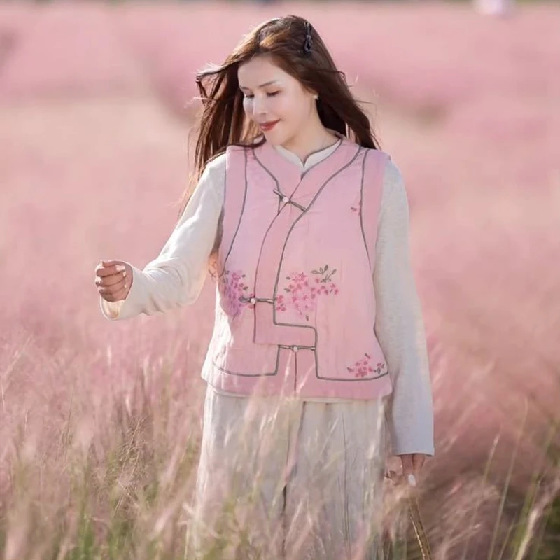 复古苎麻拼亚麻重工刺绣小立领加棉保暖马甲坎肩外套