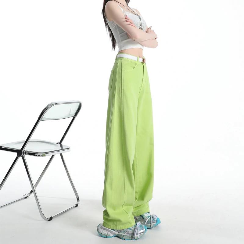 2025秋装樱花粉苹果绿牛仔裤女早春高腰显瘦宽松阔腿百搭拖地裤