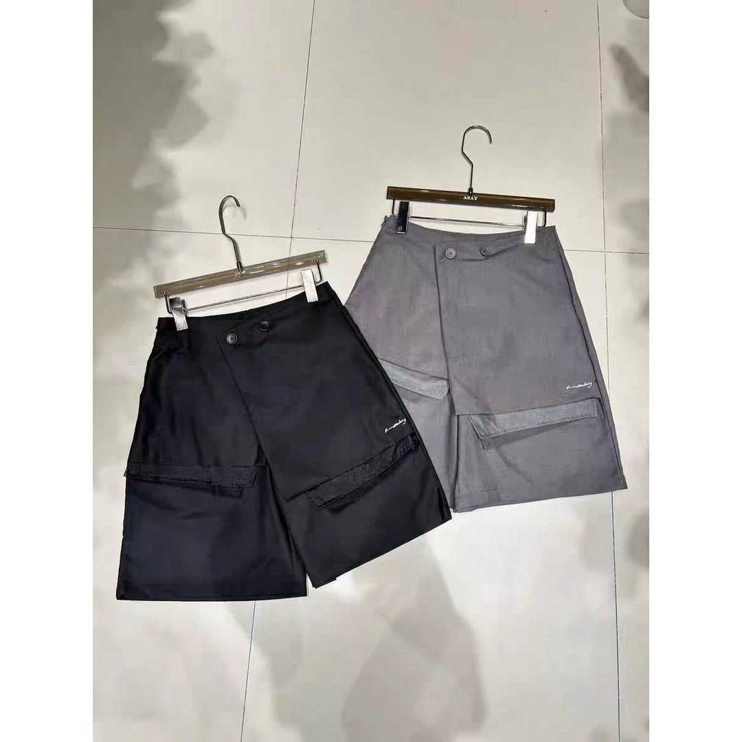 2220#斜门襟假两件五分短裤拼接设计高腰显瘦洋气百搭