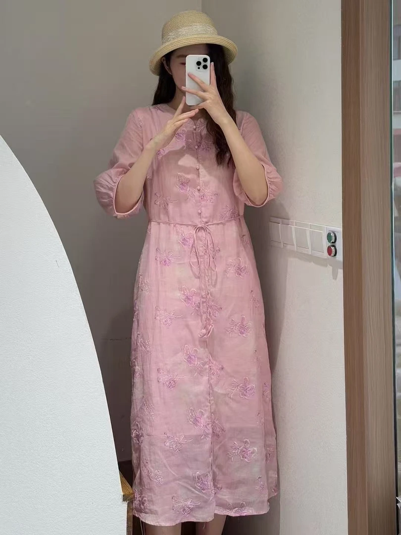 【盛涵】苎麻印花直喷刺绣复古立领收腰抽绳双层长款连衣裙 50712