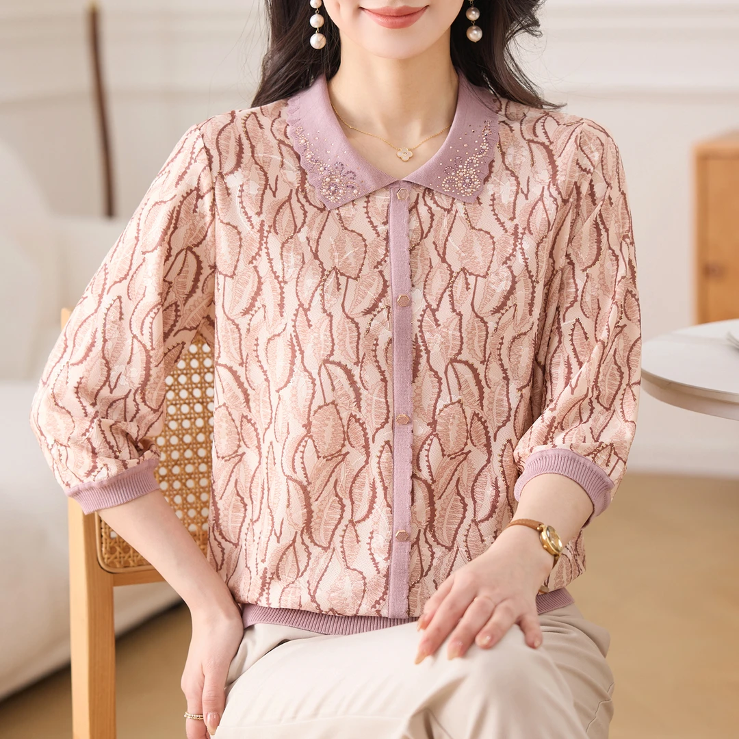 中年妈妈春装2025新款翻领T恤上衣中老年女装春夏七分袖小衫洋气