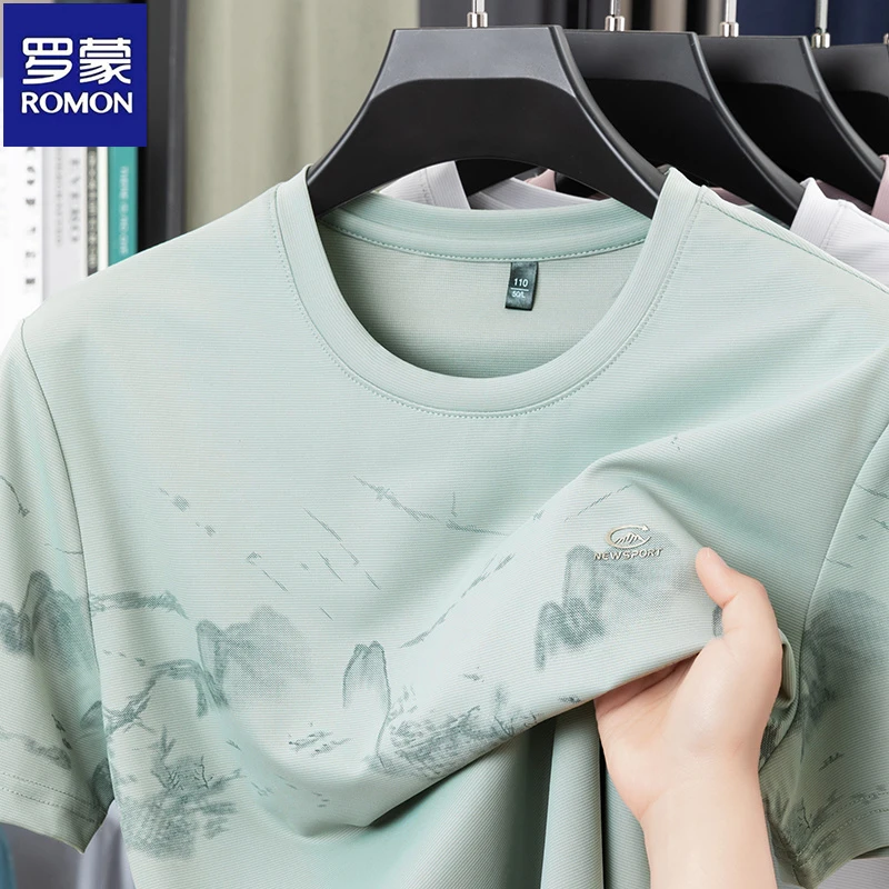 罗蒙夏款冰丝短袖T恤男装薄款休闲速干上衣圆领透气半袖印花t恤男
