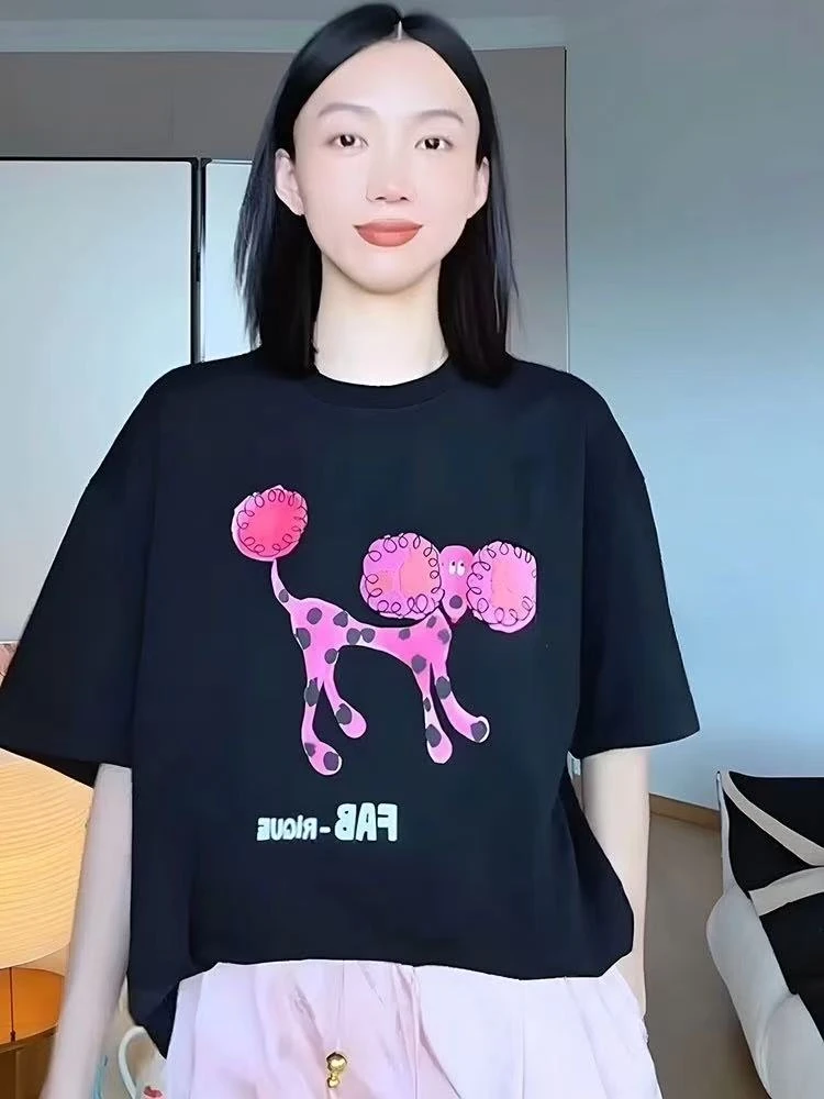 女装2025新款夏季设计感轻熟小众不撞款上衣黑色斑点小狗印花T恤