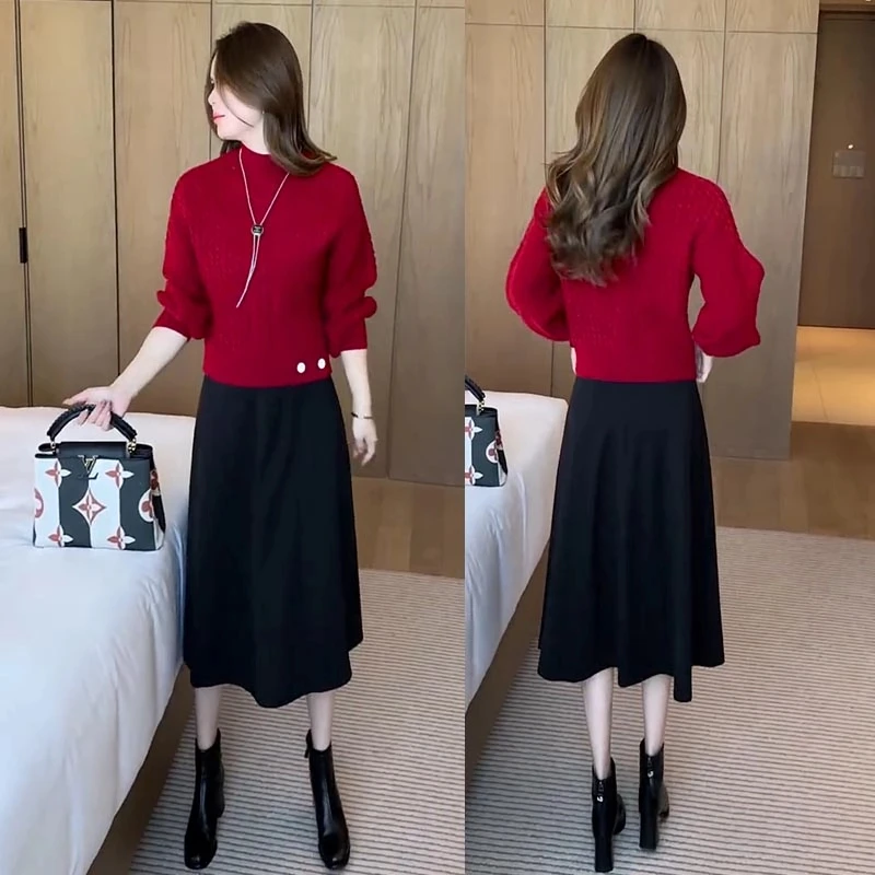 时尚洋气套装女2025春秋冬新款加厚毛衣毛呢半身裙气质显瘦两件套