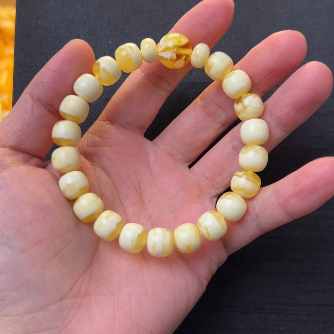 琥珀未镶嵌裸石金瓷白同料手串10mm