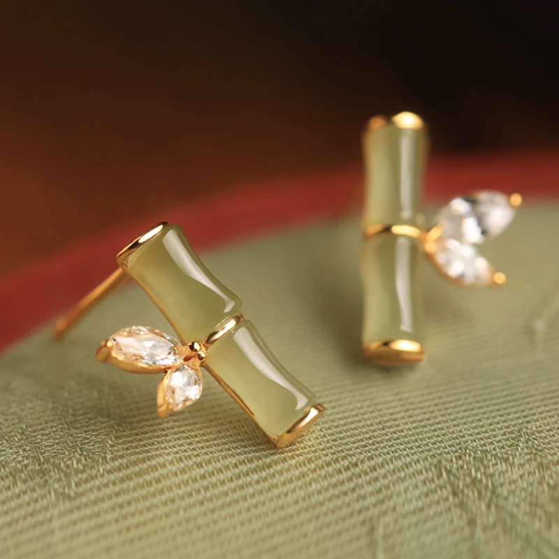 小银匠竹节和田玉S925银耳钉女新中式国风古风玉耳饰耳环生日礼物