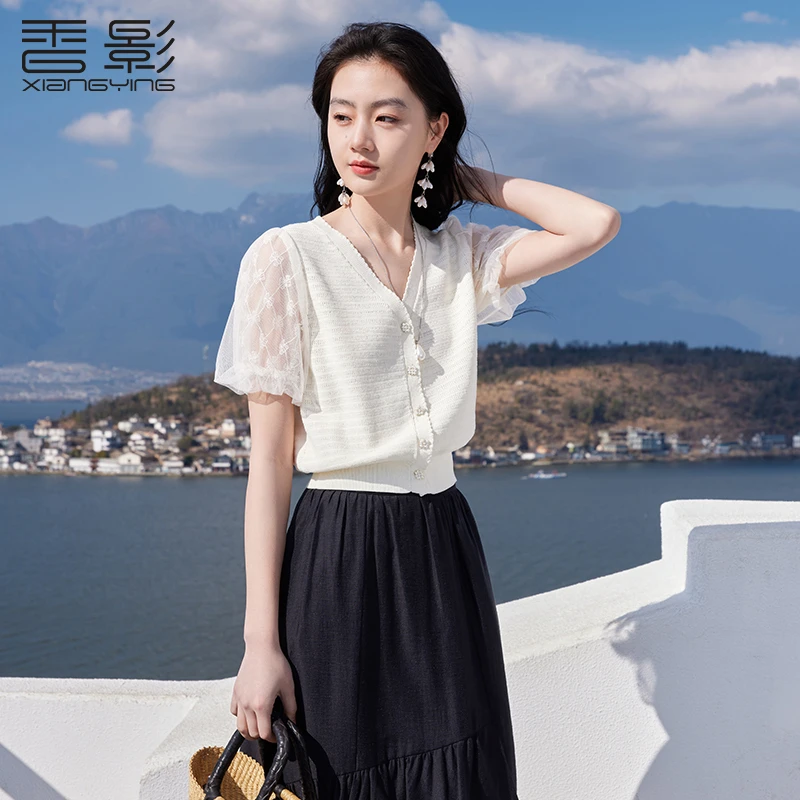 【直播专享】M85S166毛针织衫 香影法式v领针织衫女夏季新款蕾丝