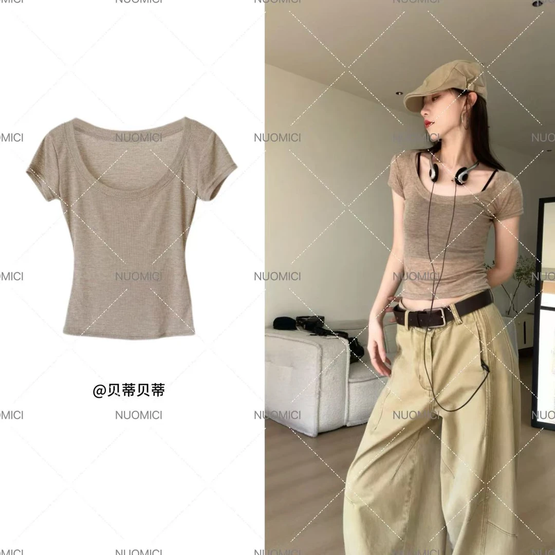 纯欲风甜辣妹夏日烟灰色微透轻薄时尚修身款U领T恤防晒透气舒适