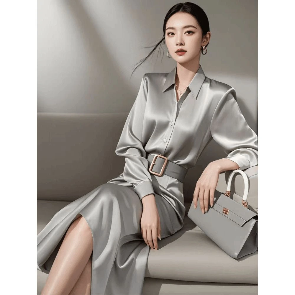 法式精致轻奢感正式场合气质收腰小香风灰色衬衫连衣裙秋