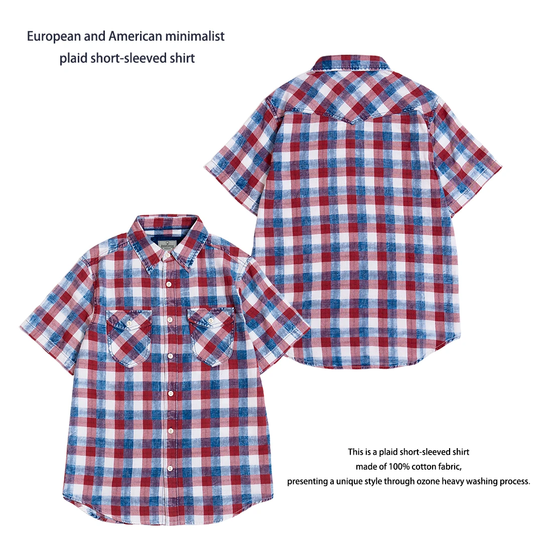 欧美简约夏季新款臭氧重水洗格纹做旧短袖靛蓝纯棉复古衬衫男士