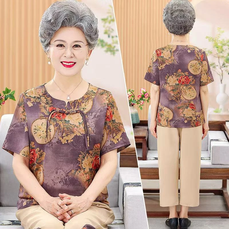9025-奶奶夏装短袖衬衫国风奶奶装上衣老太太开衫薄【B仓东货架】