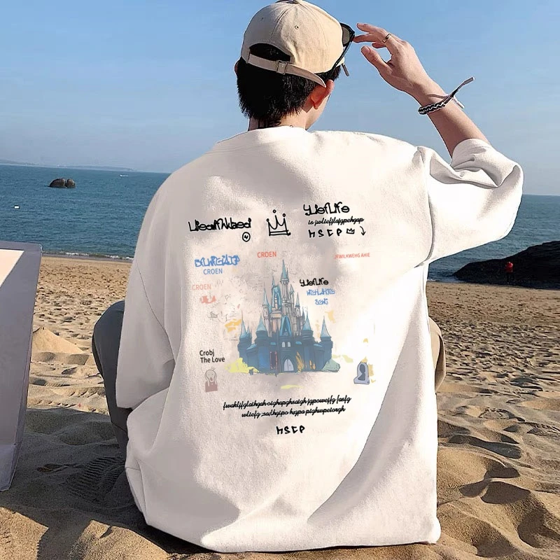 开学季100%纯棉短袖t恤男装新款潮流美式男女同款宽松半袖上衣夏