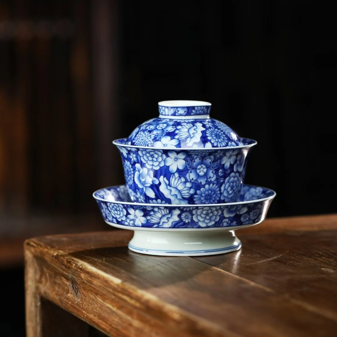 景德镇手工手作釉下彩青花瓷花团锦簇高端陶瓷茶具高足元宝盖碗