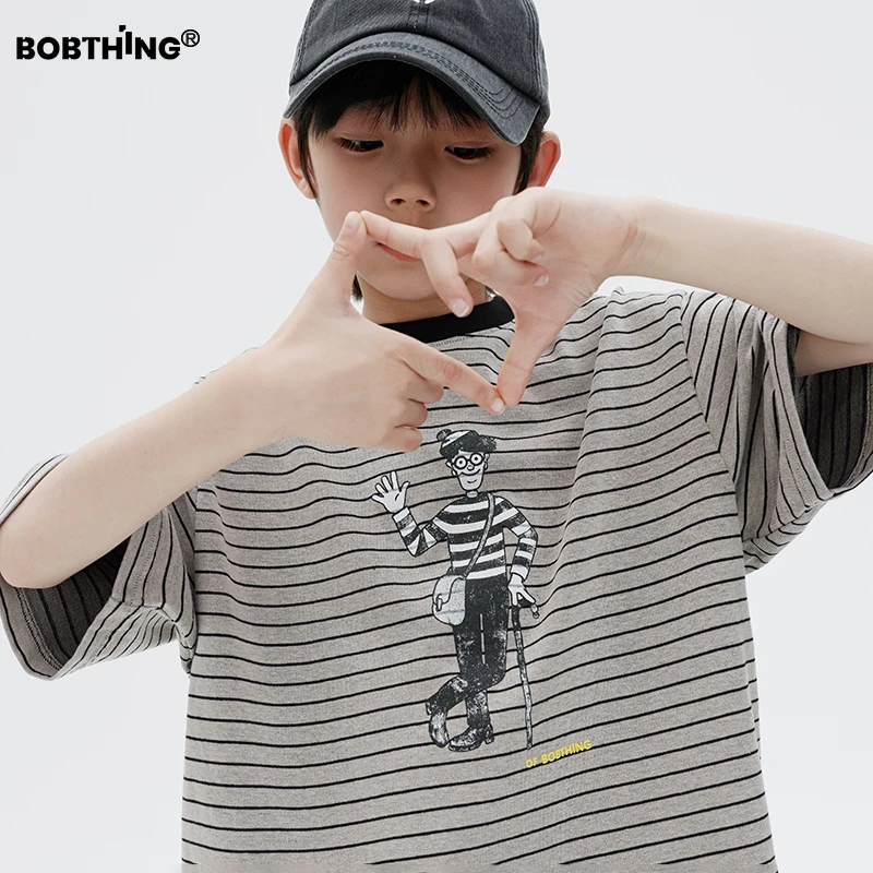 男童夏装2025新款儿童装人像细条纹短袖体恤衫中大童圆领打底衫