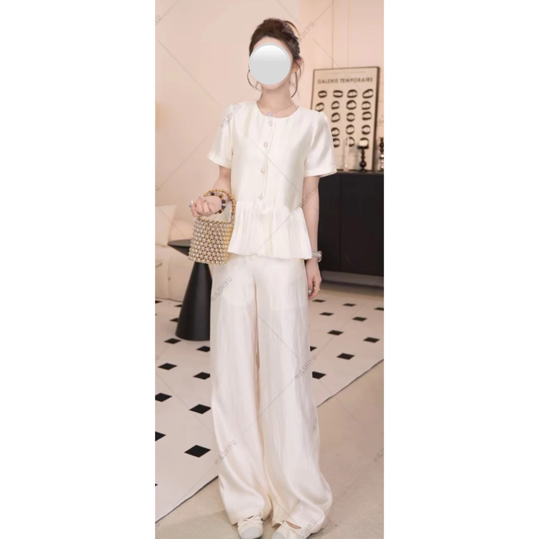 【月光琉璃】2025年夏法式珠光感圆领珍珠上衣裤子套装88935