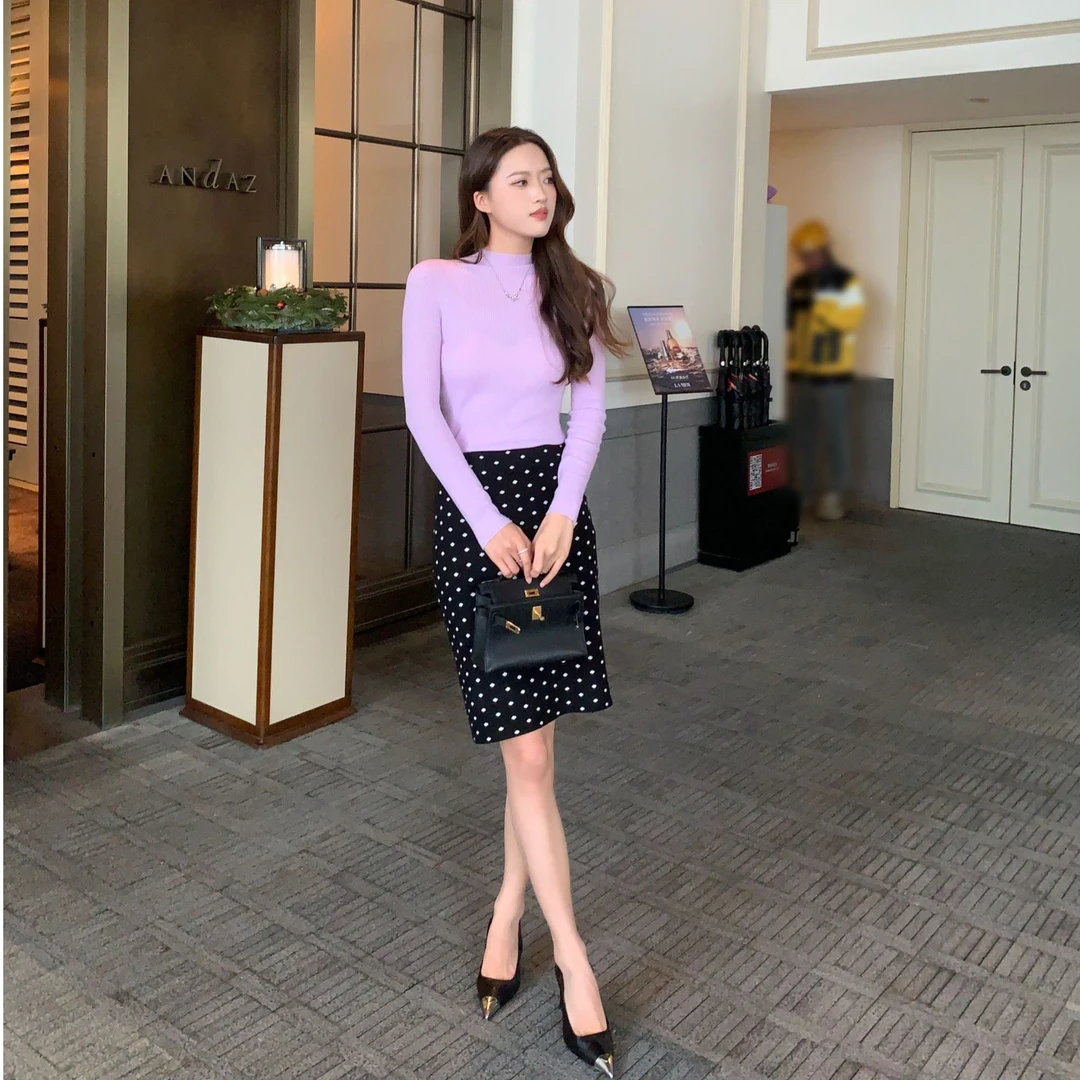 【缪女郎】复古波点后开叉羊毛针织半身裙秋冬高腰气质包臀裙春新款