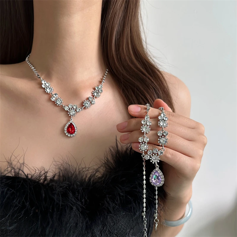 合金亚克力项链 X6035-1法式花朵水滴项链气质轻奢时尚复古小众