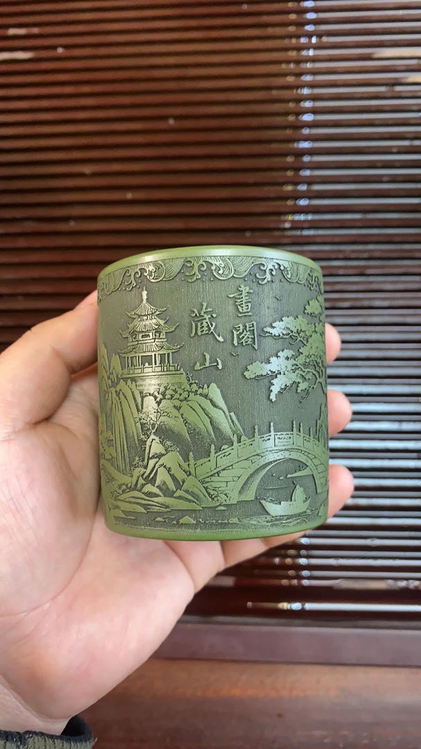 当代 宜兴紫砂家藏民国绿泥料书阁藏山直筒紫砂杯容量160c紫砂杯