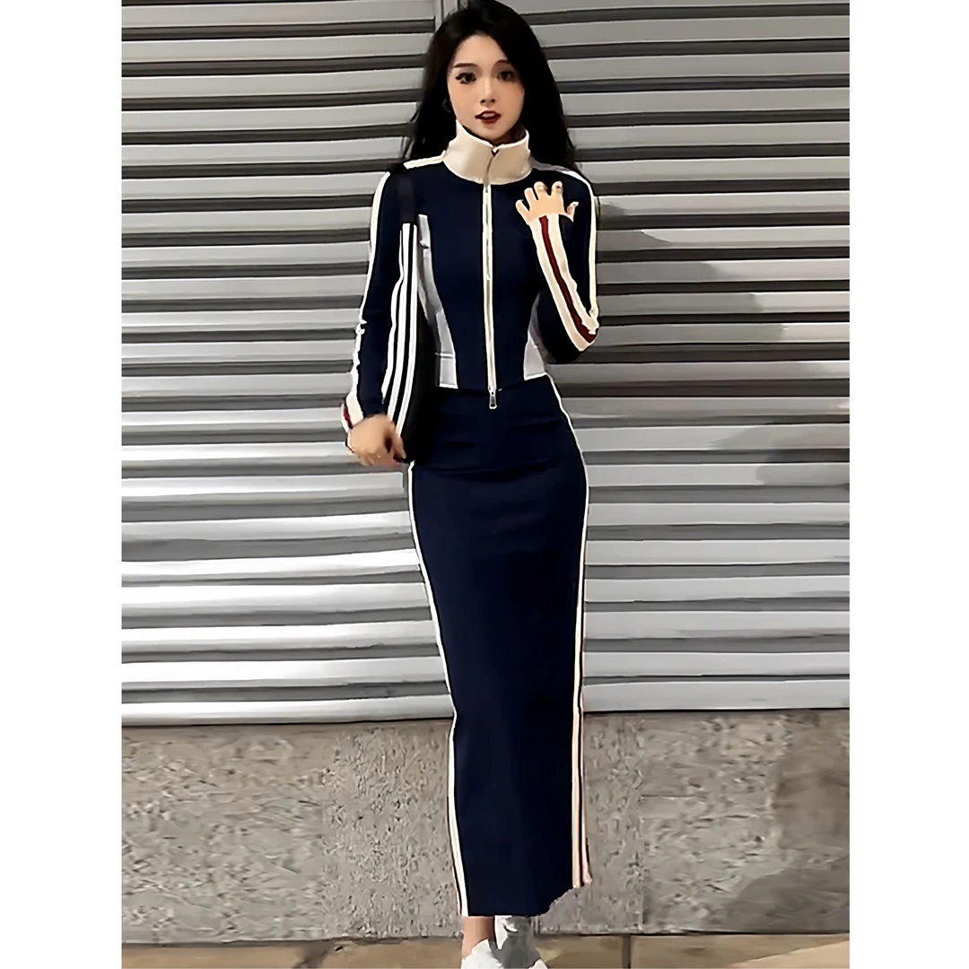 时尚套装裙女2025春秋减龄撞色长袖拉链外套高腰半身裙气质两件套