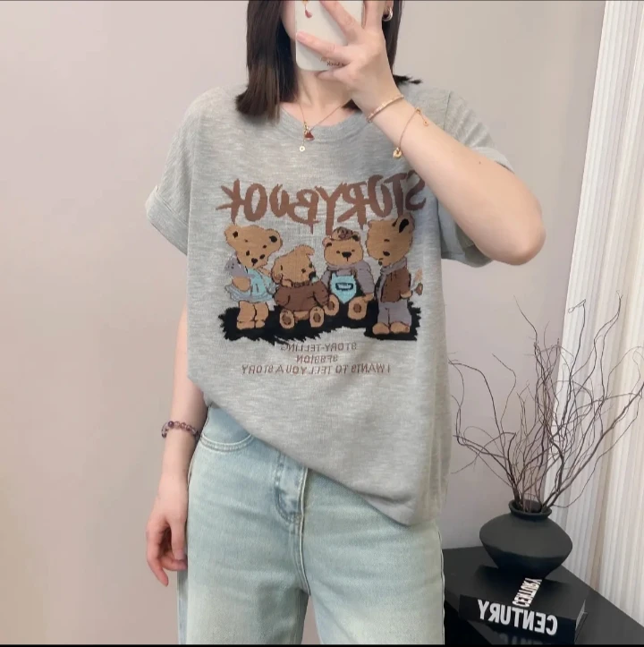2025夏季新款卡通印花小熊短袖女装上衣印花圆领时尚显瘦T恤女