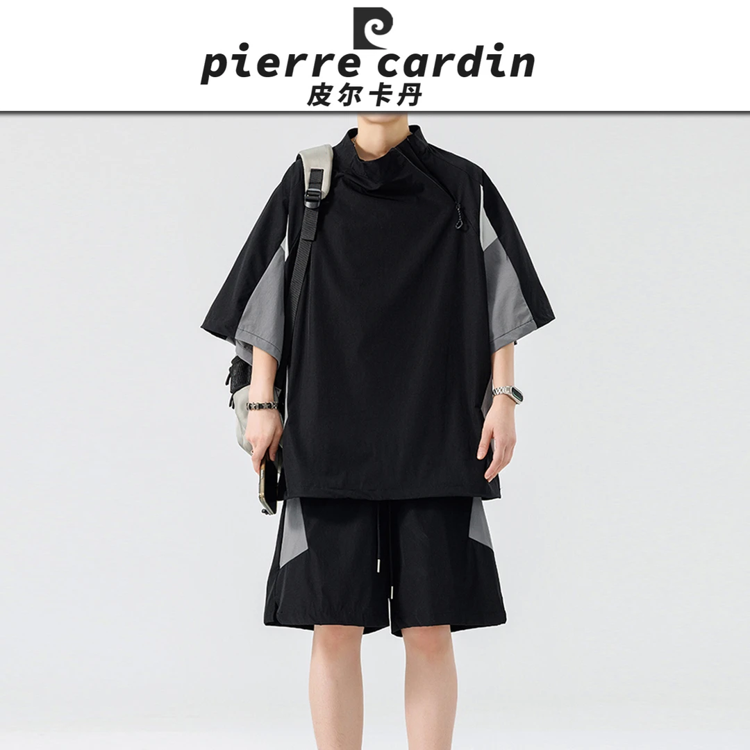 皮尔卡丹【官方】新款夏季工装拼色冰丝短袖短裤两件套运动休闲套装