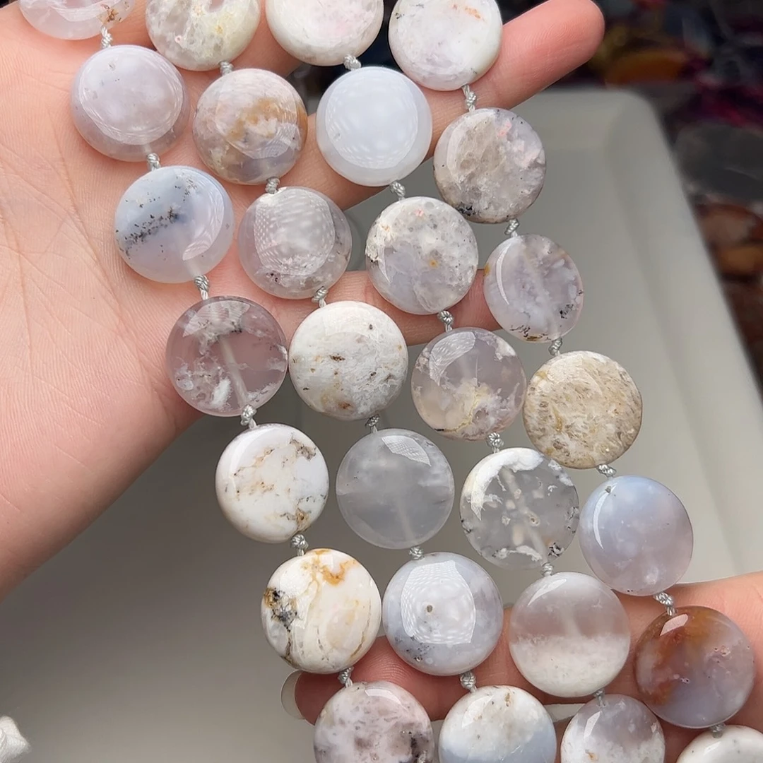 玛瑙/玉髓合金珠宝半成品G437。19.7mm天然樱花玛瑙圆饼一条