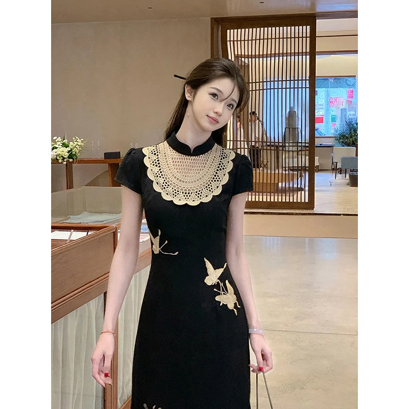 凌茜恣禾【墨蝶吟】新中式复古改良旗袍女夏季缎面蝴蝶绝美连衣裙