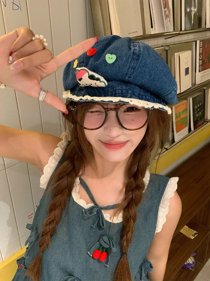 可爱卡通纽扣小狗蕾丝边贝雷帽女2025新款甜美百搭显脸小云朵帽子