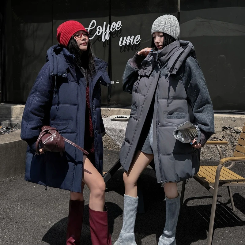 【双十二】欧版秋冬新款设计宽松中长大码加厚外套潮毛呢拼接