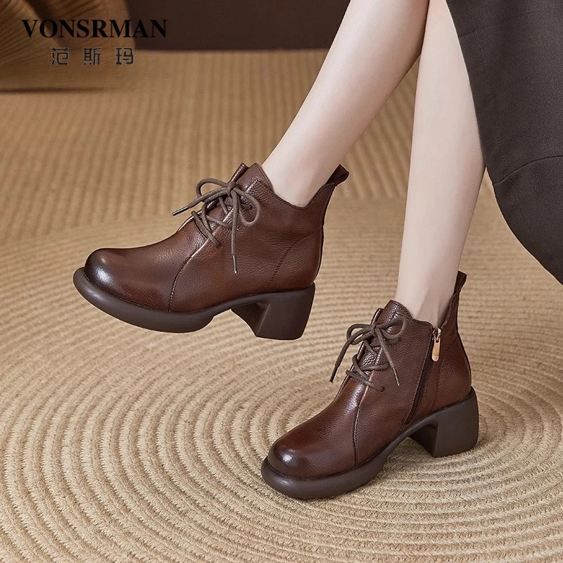 真皮靴子女款马丁靴2025新款秋冬头层牛皮粗高跟舒适单靴及裸靴潮