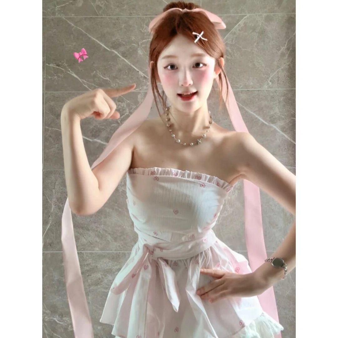 2025夏新款甜美抹胸上衣女荷叶边蝴蝶结收腰褶皱裙摆约会日常显瘦