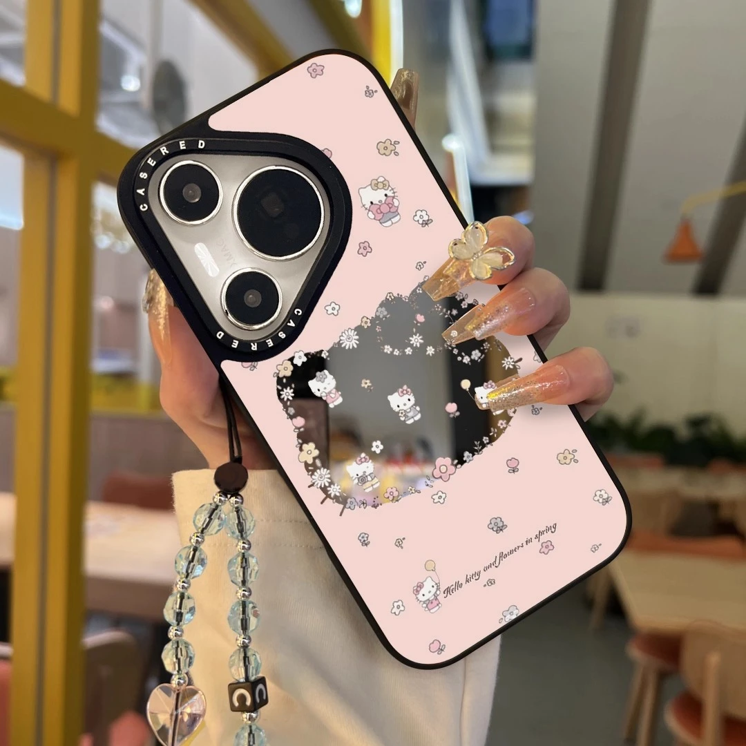 适用于华为pura80女款刀锋镜面手机壳mate70粉绿花气球猫镜头保护