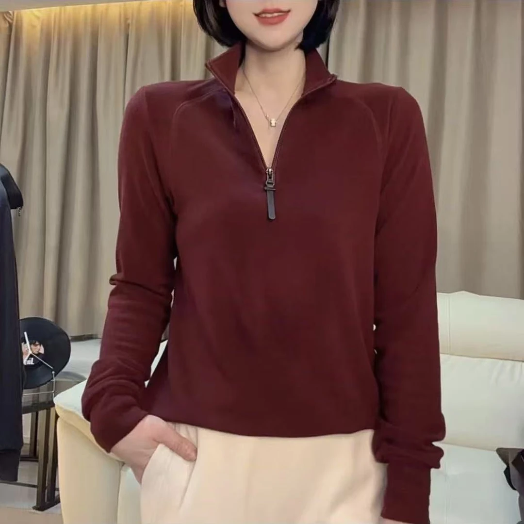 早秋德绒拉链打底衫立领2025新款长袖T时尚显瘦女士上衣外穿女358