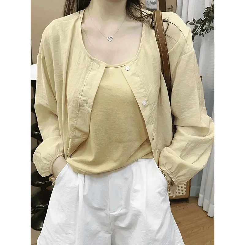 宽松法式夏季圆领防晒衣休闲防晒简约防晒女衬衫薄款两件套