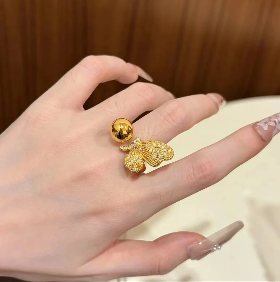 5D足金999黄金蝴蝶戒指圆珠点钻蝴蝶戒指生日礼物送女友