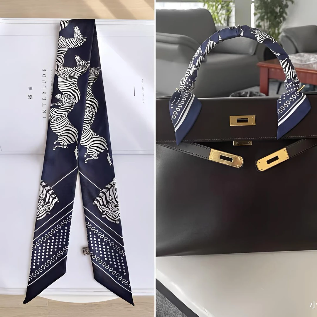 桑蚕丝85*5长巾发带深蓝斑马女士时髦多功能韩式气质百搭绑包P052