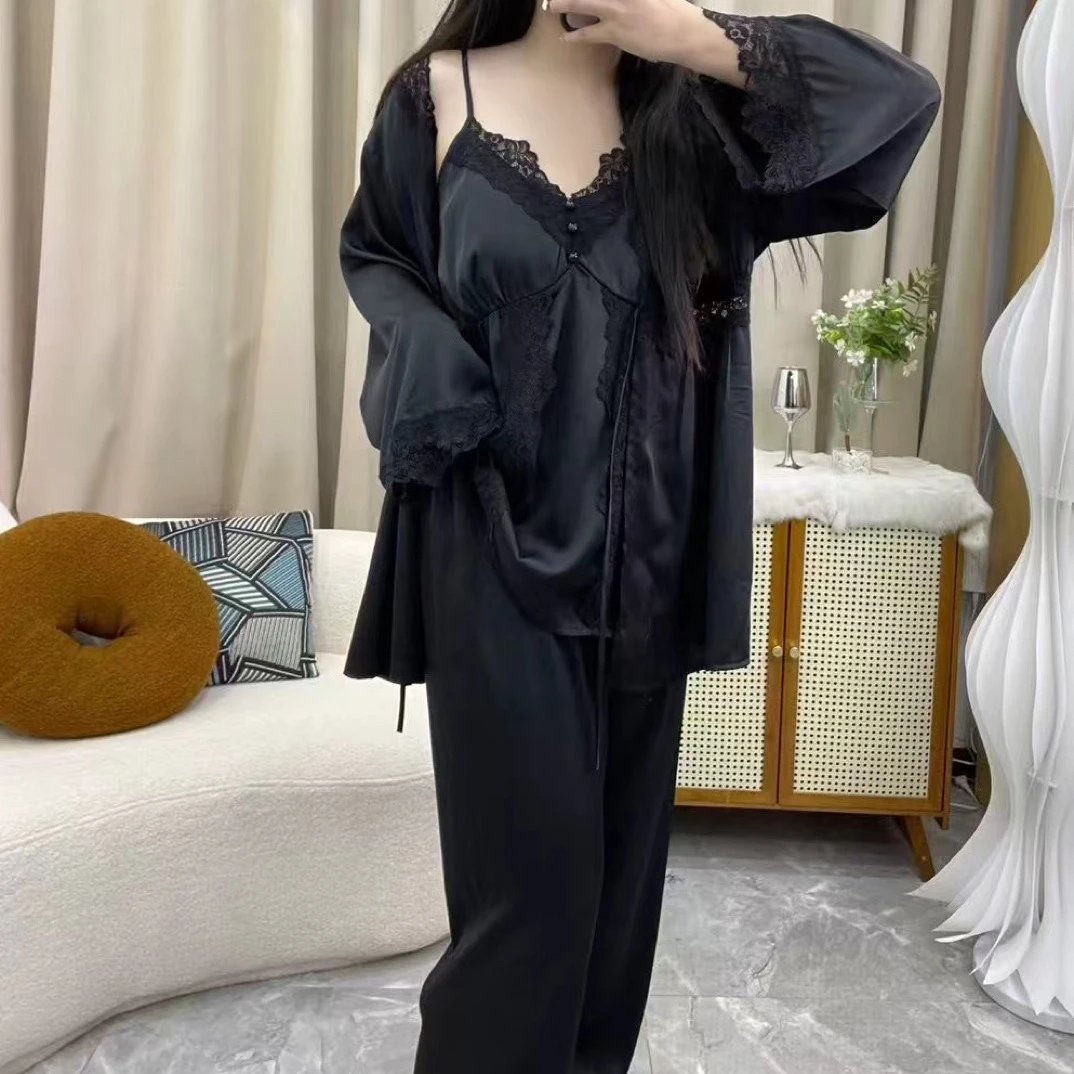 女款春秋冰丝吊带带胸垫性感蕾丝睡衣三件套