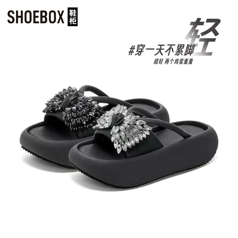 SHOEBOX鞋柜厚底外穿拖鞋女2025夏季新款绝美蝴蝶结水钻凉拖鞋