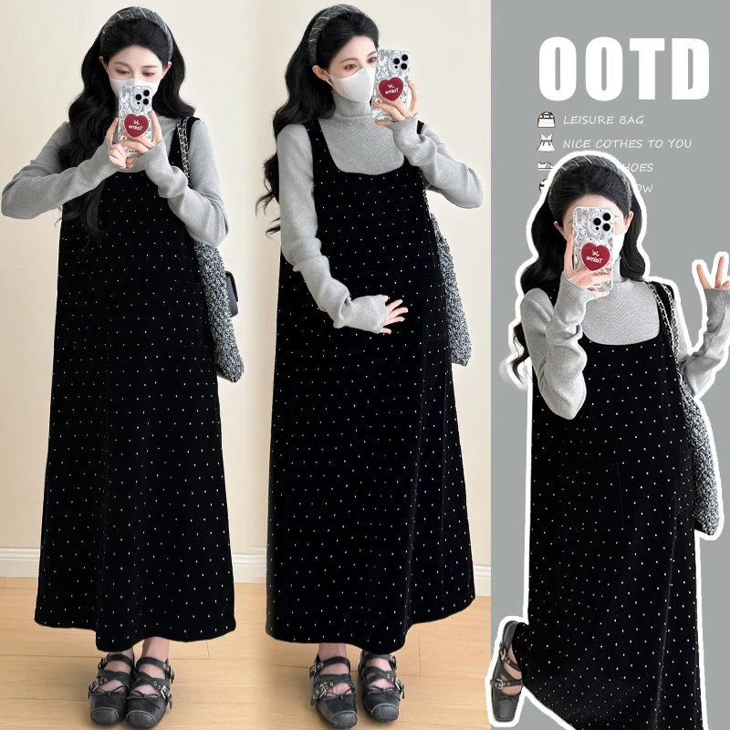 2025孕妇装秋冬新款重工丝绒烫钻背心裙两件套高级感针织打底套装