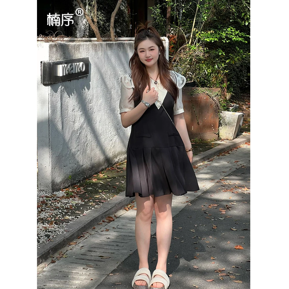 楠序微胖女装 蕾丝翻领法式大码连衣裙夏季胖mm假两件裙子YZ36021