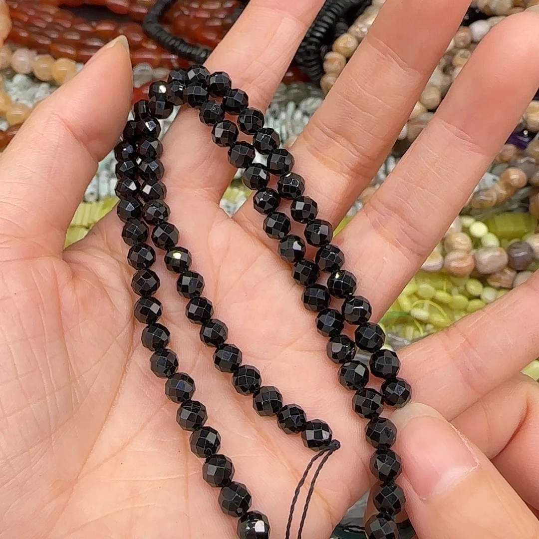 玛瑙/玉髓合金珠宝半成品黑尖晶5mm一条切面