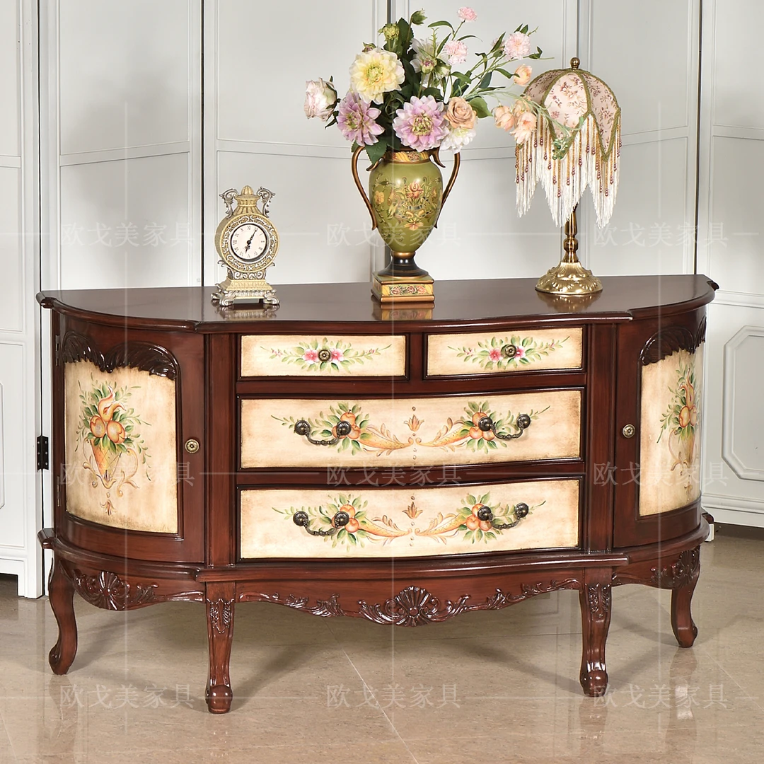 美式乡村入户玄关柜实木半圆欧式复古彩绘餐边柜装饰储物沙发边柜