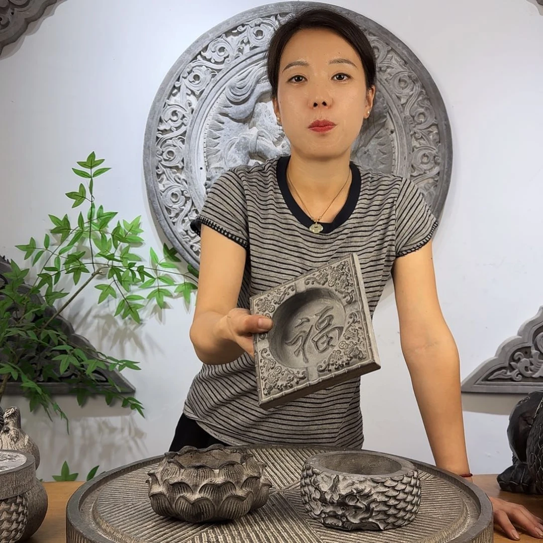 石材雕刻精工五福烟灰缸