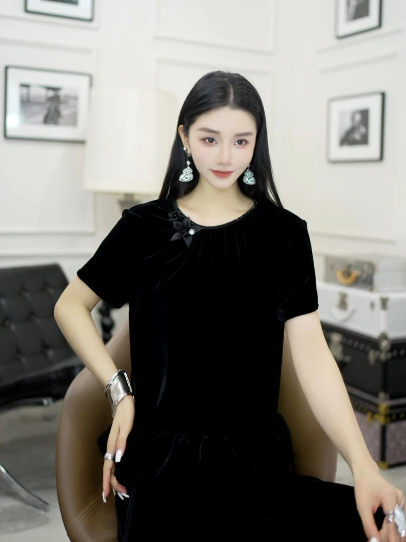 Betty Bairn【匠心/夜色兰亭 】高定系列桑蚕丝短绒上衣25B-BW10782