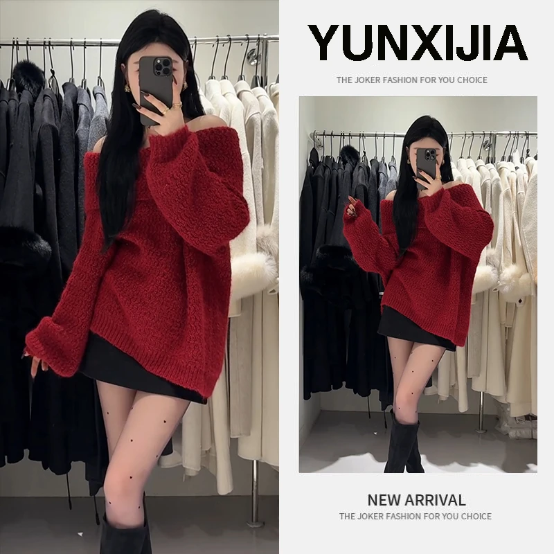 过年穿搭一整套2025冬季新款时尚高级感辣妹红色毛衣短裙两件套