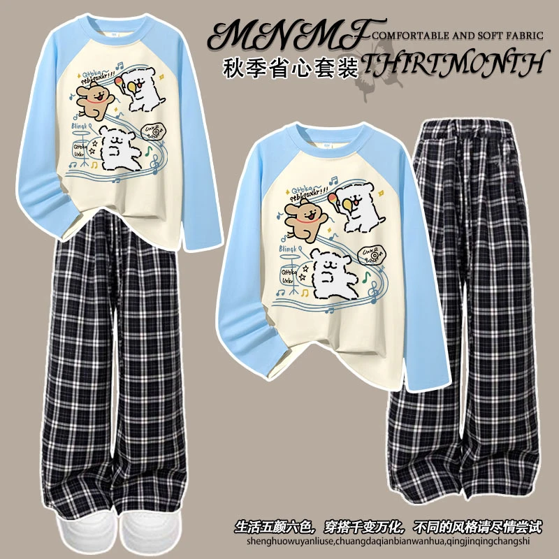 秋冬新款男女童插肩长袖格子裤套装线条小狗印花宽松休闲风两件套
