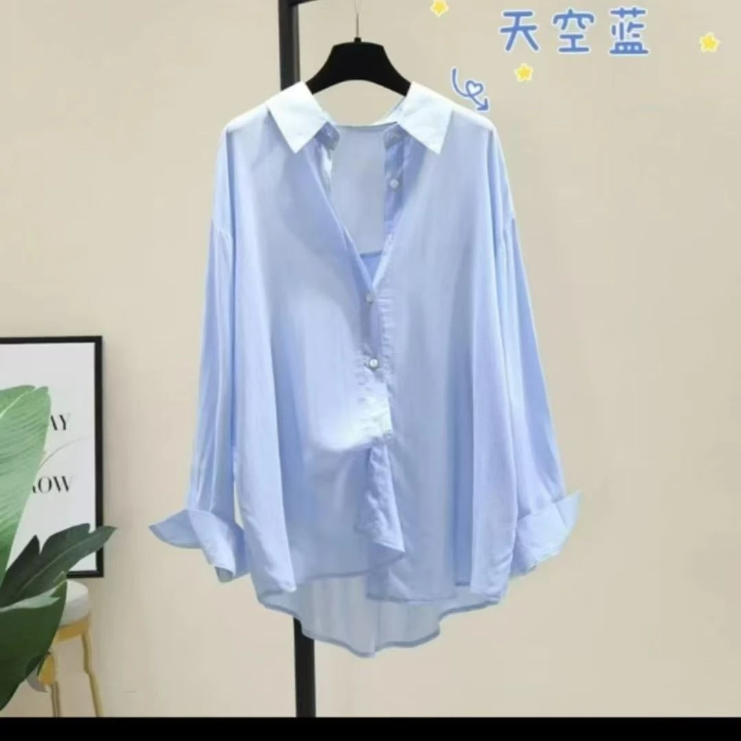 新款2025年宽松休闲中长薄款衬衣外穿垂感纯色衬衫长袖防晒衬衫