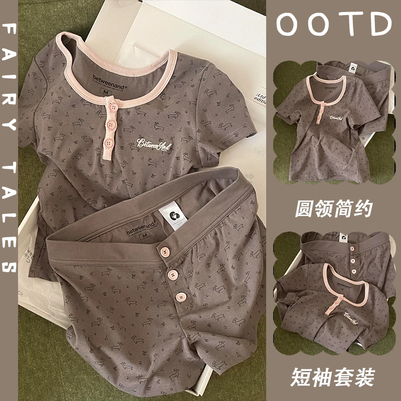 短袖睡衣女夏季圆领纯欲风简约卡通印花韩版纯棉可外穿家居服套装